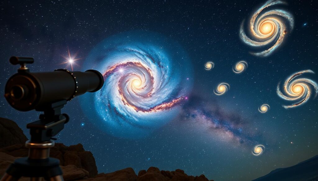 A breathtaking cosmic scene illustrating the identification of distant galaxies. In the foreground, an intricate telescope with a shining lens is positioned on a rocky cliff under a starry night sky. In the middle ground, a vibrant nebula swirls with shades of deep blue and purple, intertwined with bright stars and celestial dust, suggesting the mysteries of the universe. The background showcases multiple spiral and elliptical galaxies, glowing softly with hues of yellow and white, each adorned with distinct structures. The scene is illuminated by the soft, ethereal light of distant stars, creating a serene and awe-inspiring atmosphere. The angle is slightly tilted upwards, emphasizing the vastness of space, inviting viewers to explore the wonders lying beyond our reach. A breathtaking cosmic scene illustrating the identification of distant galaxies. In the foreground, an intricate telescope with a shining lens is positioned on a rocky cliff under a starry night sky. In the middle ground, a vibrant nebula swirls with shades of deep blue and purple, intertwined with bright stars and celestial dust, suggesting the mysteries of the universe. The background showcases multiple spiral and elliptical galaxies, glowing softly with hues of yellow and white, each adorned with distinct structures. The scene is illuminated by the soft, ethereal light of distant stars, creating a serene and awe-inspiring atmosphere. The angle is slightly tilted upwards, emphasizing the vastness of space, inviting viewers to explore the wonders lying beyond our reach.