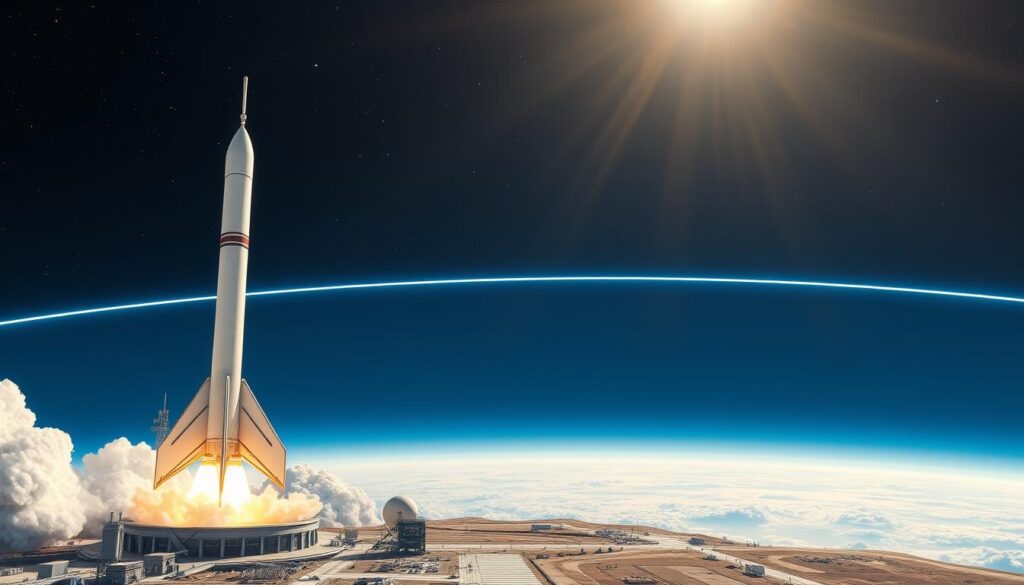 A detailed illustration showcasing the significance of the atmosphere and the Kármán line, emphasizing the boundary between Earth’s atmosphere and outer space. The foreground features a detailed rocket launch pad, with a rocket poised for liftoff, its exhaust plume beginning to form. In the middle ground, a blue gradient representing Earth's atmosphere transitions into the darker vastness of space, with scattered stars. The Kármán line is subtly marked, depicting the altitude at which conventional flight ceases. Bright, natural lighting illuminates the scene, with a wide-angle lens capturing the dramatic scale of the launch in an uplifting, inspiring atmosphere. The overall mood should evoke excitement about space exploration, blending scientific marvel and human achievement. A detailed illustration showcasing the significance of the atmosphere and the Kármán line, emphasizing the boundary between Earth’s atmosphere and outer space. The foreground features a detailed rocket launch pad, with a rocket poised for liftoff, its exhaust plume beginning to form. In the middle ground, a blue gradient representing Earth's atmosphere transitions into the darker vastness of space, with scattered stars. The Kármán line is subtly marked, depicting the altitude at which conventional flight ceases. Bright, natural lighting illuminates the scene, with a wide-angle lens capturing the dramatic scale of the launch in an uplifting, inspiring atmosphere. The overall mood should evoke excitement about space exploration, blending scientific marvel and human achievement.