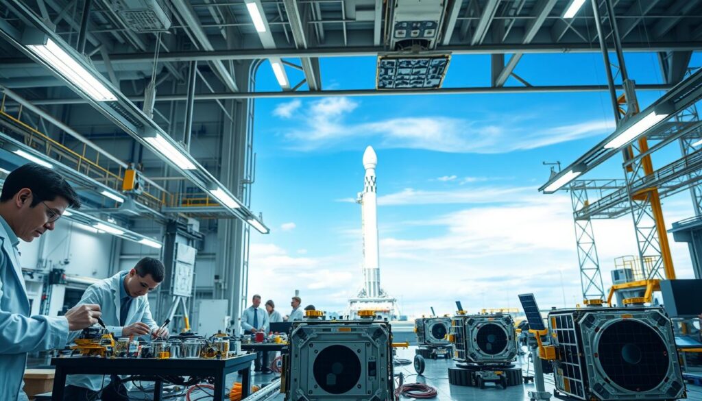 A detailed view of a modern satellite manufacturing facility focused on small satellites. In the foreground, engineers in professional attire work diligently on assembling satellite components with precision tools. The middle ground features intricate satellite designs, showcasing miniaturized technology, solar panels, and communication equipment, all illuminated by bright overhead lights. In the background, a large launch pad with a small satellite poised for deployment under a clear blue sky, presenting a sense of anticipation. The atmosphere combines a sense of innovation and collaboration, highlighting the operational challenges faced during construction and launch. The scene is captured with a wide-angle lens to accentuate the bustling environment, evoking a mood of determination and optimism for the future of space exploration.