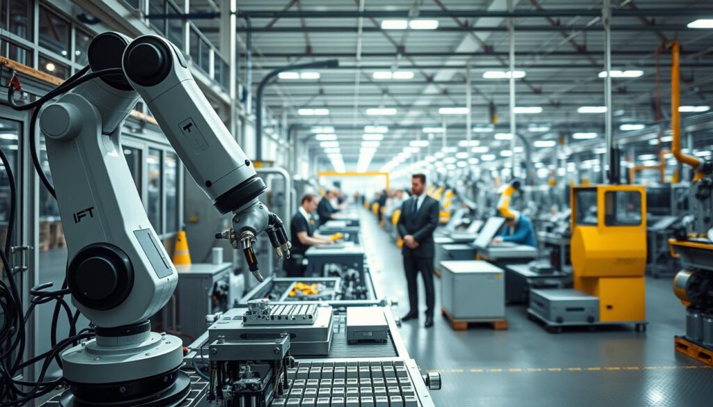 A dynamic factory scene showcasing the benefits of robotics in industry. In the foreground, a modern robotic arm efficiently assembling products with precision, surrounded by gleaming machinery. In the middle ground, workers in professional business attire attentively monitoring the production process, displaying a collaborative environment. The background features a spacious, well-lit factory floor filled with advanced robots working in harmony alongside human employees, highlighting teamwork and efficiency. Soft, bright overhead lighting creates an energetic and optimistic atmosphere. The camera angle is slightly elevated, capturing both the technology and the people working together seamlessly. The scene conveys innovation, productivity, and a forward-thinking industrial environment. A dynamic factory scene showcasing the benefits of robotics in industry. In the foreground, a modern robotic arm efficiently assembling products with precision, surrounded by gleaming machinery. In the middle ground, workers in professional business attire attentively monitoring the production process, displaying a collaborative environment. The background features a spacious, well-lit factory floor filled with advanced robots working in harmony alongside human employees, highlighting teamwork and efficiency. Soft, bright overhead lighting creates an energetic and optimistic atmosphere. The camera angle is slightly elevated, capturing both the technology and the people working together seamlessly. The scene conveys innovation, productivity, and a forward-thinking industrial environment.