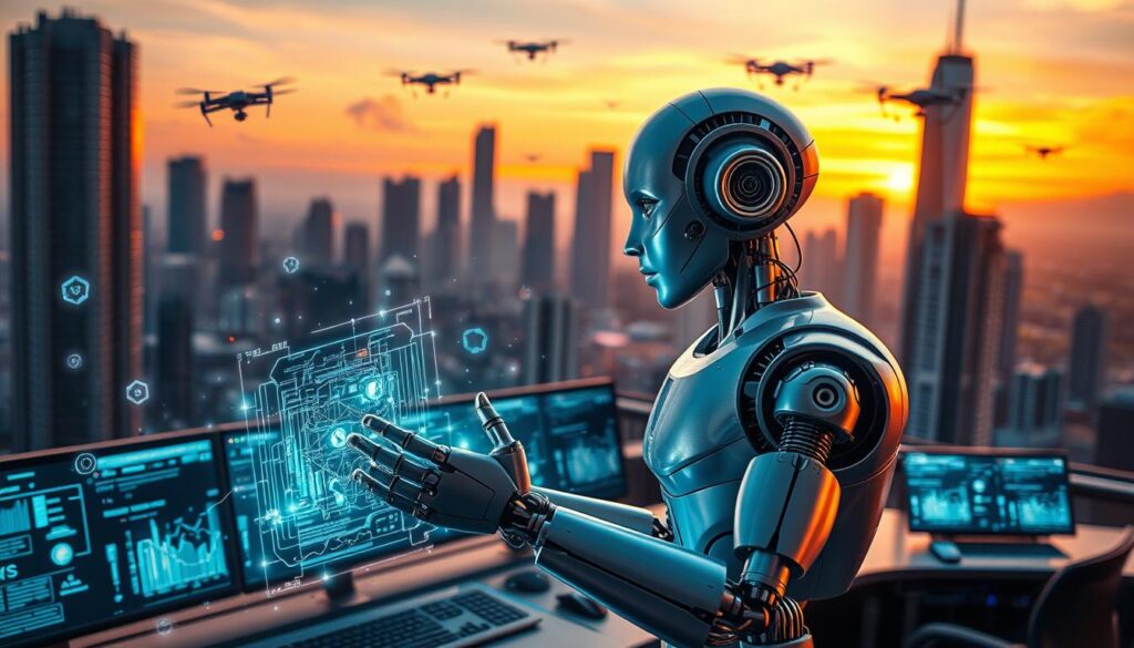 A dynamic scene depicting the synergy between robotics and artificial intelligence. In the foreground, a humanoid robot equipped with intricate sensors is collaborating with a digital interface that displays glowing, floating data streams. The robot, with a sleek silver finish and articulated joints, gestures towards the data, suggesting interaction and learning. In the middle ground, a control center with monitors shows AI algorithms analyzing data patterns, creating a high-tech environment. The background features a futuristic cityscape, showcasing tall buildings and drones in the sky, all under a vibrant sunset sky casting warm hues. Dramatic lighting enhances the atmosphere, highlighting the innovation and potential of this technological partnership. The composition is shot from a slightly elevated angle, creating depth and focus on the interaction between the robot and AI.