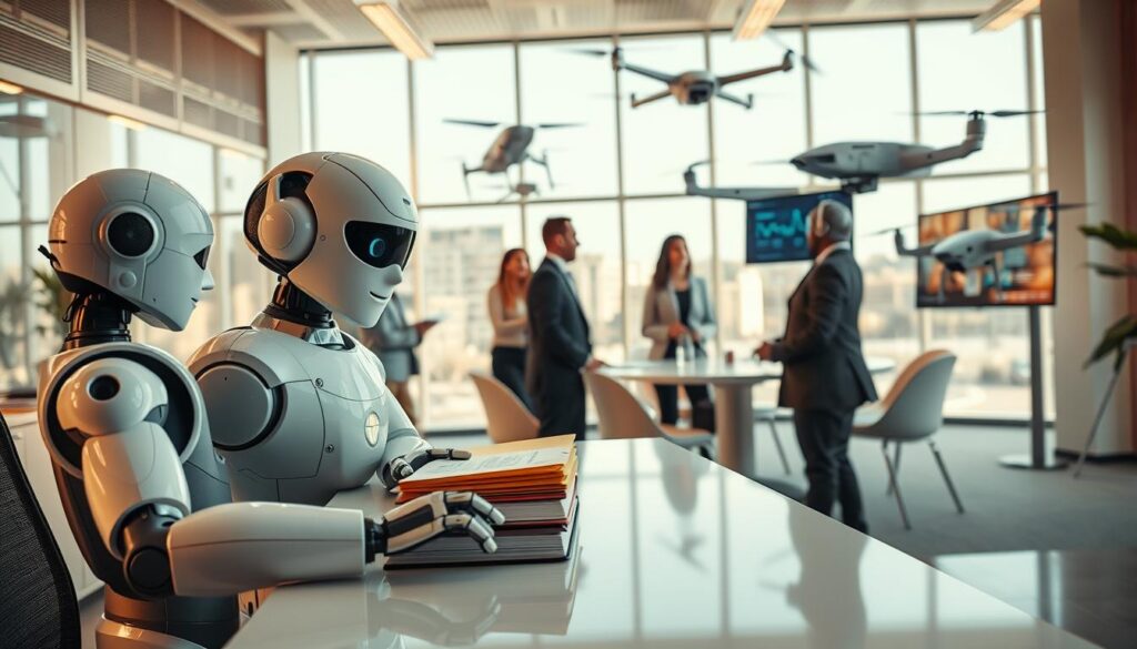 A futuristic and inviting workspace illustrating practical applications of robotics in daily life. In the foreground, a humanoid robot efficiently organizes files at a sleek modern desk, wearing a friendly expression. In the middle, a diverse group of professionals in smart attire collaborate around a conference table, engaging with a robotic assistant that displays data on a screen. In the background, a bright and spacious room with large windows shows drones delivering packages outside. The lighting is warm and natural, creating a productive atmosphere. The angle captures the action from a slightly elevated perspective, emphasizing interaction and innovation, and the overall mood is optimistic and forward-looking.