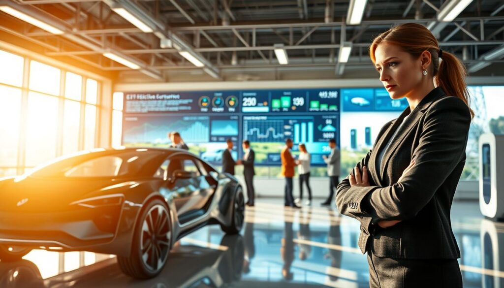 A futuristic automotive workspace showcasing both challenges and opportunities in the electric vehicle industry. In the foreground, a confident businesswoman in professional attire examines an advanced electric vehicle prototype, her expression reflecting determination and innovation. In the middle ground, a diverse team of engineers collaborate around a digital dashboard displaying data analytics and design schematics, symbolizing technological advancement. In the background, sleek cityscapes filled with charging stations and green spaces represent the shift towards sustainability. Bright, natural lighting filters through large windows, creating a dynamic and optimistic atmosphere, shot with a wide-angle lens to capture the expansive workspace. The setting evokes a sense of progress and possibility, illustrating the intersection of technology and the automotive sector.