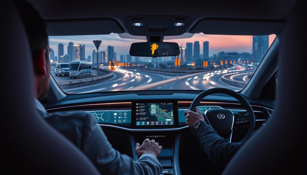 A futuristic car interior showcasing advanced digital connectivity features. In the foreground, a sleek, modern dashboard displays a vibrant touchscreen interface with navigation maps, vehicle diagnostics, and connectivity options. The middle ground features a driver, a professional in smart casual clothing, interacting with the dashboard, illuminated by soft ambient lighting. The background reveals a panoramic view of a smart city with connected traffic signals and automated vehicles, all under a twilight sky. The scene is shot from a low angle to emphasize the dashboard's technology and the dynamic cityscape outside. The mood is innovative and forward-looking, with a focus on the seamless integration of technology and transportation. A futuristic car interior showcasing advanced digital connectivity features. In the foreground, a sleek, modern dashboard displays a vibrant touchscreen interface with navigation maps, vehicle diagnostics, and connectivity options. The middle ground features a driver, a professional in smart casual clothing, interacting with the dashboard, illuminated by soft ambient lighting. The background reveals a panoramic view of a smart city with connected traffic signals and automated vehicles, all under a twilight sky. The scene is shot from a low angle to emphasize the dashboard's technology and the dynamic cityscape outside. The mood is innovative and forward-looking, with a focus on the seamless integration of technology and transportation.