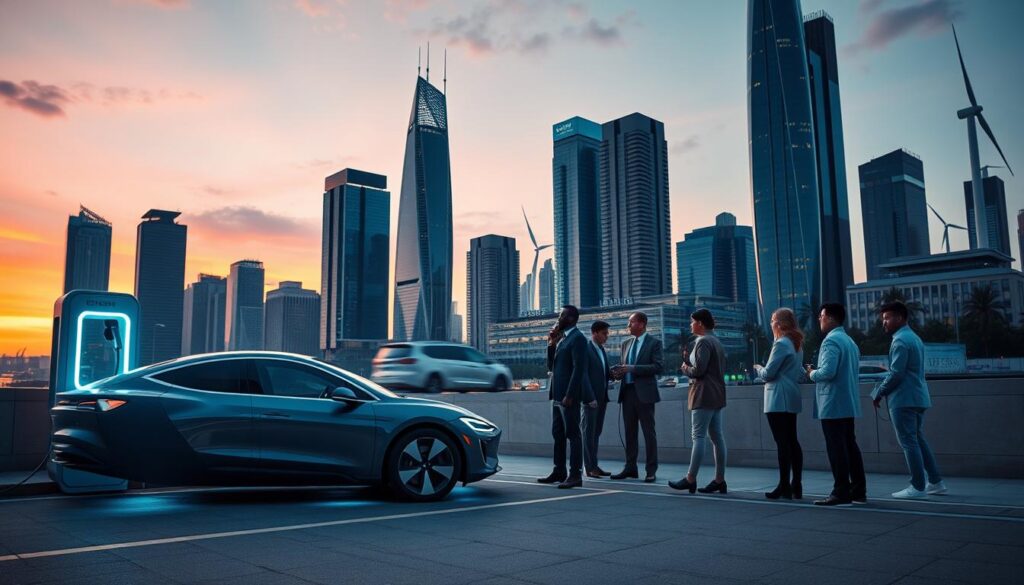 A futuristic cityscape at dusk, showcasing a bustling technology sector. In the foreground, an electric car with a sleek design parked beside a charging station, illuminated by soft blue LED lights. The middle ground features diverse professionals in business attire discussing technology trends, surrounded by digital screens displaying data and innovation. The background reveals tall, modern skyscrapers with green technology, such as solar panels and wind turbines. The sky is a vibrant gradient of orange and purple, hinting at both challenges and opportunities in the tech field. The atmosphere is dynamic, reflecting a blend of optimism and innovation in the technological landscape, captured with a wide-angle lens to enhance depth and perspective. A futuristic cityscape at dusk, showcasing a bustling technology sector. In the foreground, an electric car with a sleek design parked beside a charging station, illuminated by soft blue LED lights. The middle ground features diverse professionals in business attire discussing technology trends, surrounded by digital screens displaying data and innovation. The background reveals tall, modern skyscrapers with green technology, such as solar panels and wind turbines. The sky is a vibrant gradient of orange and purple, hinting at both challenges and opportunities in the tech field. The atmosphere is dynamic, reflecting a blend of optimism and innovation in the technological landscape, captured with a wide-angle lens to enhance depth and perspective.