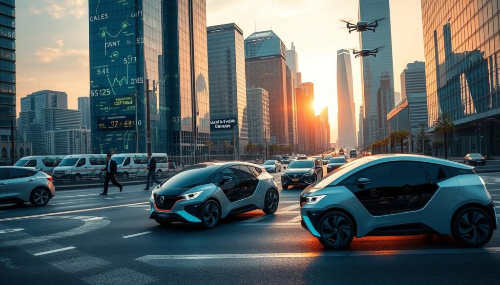 A futuristic cityscape showcasing advanced technology in mobility, with a blend of autonomous vehicles and smart infrastructure. In the foreground, sleek, self-driving cars with innovative designs are gliding smoothly on a multi-layered road with embedded sensors. The middle ground features pedestrians in professional business attire interacting with digital displays that provide real-time information on transportation options. The background consists of skyscrapers adorned with green technology and illuminated by soft, ambient lighting, creating a vibrant yet serene atmosphere. A sunset casts warm hues across the scene, reflecting off the glass surfaces, while drone-like delivery vehicles zip through the sky. The perspective is slightly elevated, capturing the harmony between technology and urban life. A futuristic cityscape showcasing advanced technology in mobility, with a blend of autonomous vehicles and smart infrastructure. In the foreground, sleek, self-driving cars with innovative designs are gliding smoothly on a multi-layered road with embedded sensors. The middle ground features pedestrians in professional business attire interacting with digital displays that provide real-time information on transportation options. The background consists of skyscrapers adorned with green technology and illuminated by soft, ambient lighting, creating a vibrant yet serene atmosphere. A sunset casts warm hues across the scene, reflecting off the glass surfaces, while drone-like delivery vehicles zip through the sky. The perspective is slightly elevated, capturing the harmony between technology and urban life.