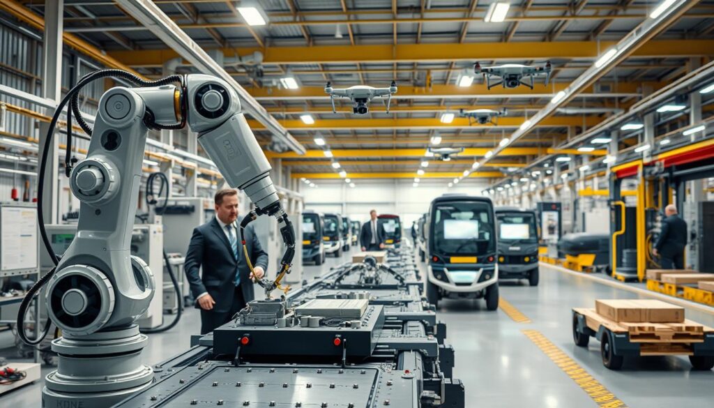 A futuristic industrial scenario showcasing practical applications of robotics in various sectors. In the foreground, a sleek robotic arm is skillfully assembling components on a high-tech production line, with well-dressed engineers observing its precision. The middle ground features automated guided vehicles transporting materials smoothly, while drones perform aerial tasks above. In the background, a bright, spacious manufacturing facility filled with machines, clear safety protocols, and advanced monitoring systems enhances the scene. The lighting is bright and vibrant, creating a dynamic atmosphere, while a wide-angle lens captures the scope of technology integration. The mood is optimistic and innovative, reflecting the synergy between robotics and human ingenuity in everyday tasks. A futuristic industrial scenario showcasing practical applications of robotics in various sectors. In the foreground, a sleek robotic arm is skillfully assembling components on a high-tech production line, with well-dressed engineers observing its precision. The middle ground features automated guided vehicles transporting materials smoothly, while drones perform aerial tasks above. In the background, a bright, spacious manufacturing facility filled with machines, clear safety protocols, and advanced monitoring systems enhances the scene. The lighting is bright and vibrant, creating a dynamic atmosphere, while a wide-angle lens captures the scope of technology integration. The mood is optimistic and innovative, reflecting the synergy between robotics and human ingenuity in everyday tasks.