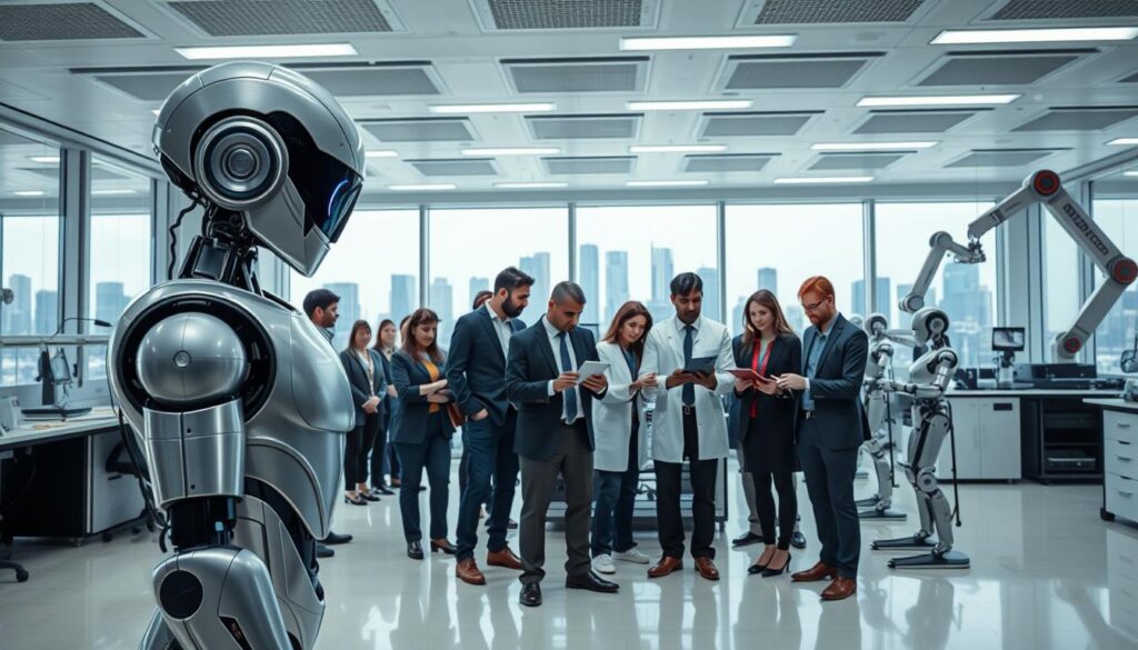 A futuristic laboratory filled with advanced humanoid robots working alongside scientists in professional attire. In the foreground, a humanoid robot with a sleek, metallic design interacts with a diverse group of researchers analyzing data on tablets. The middle ground features sophisticated equipment such as 3D printers and robotic arms, while the background showcases large windows revealing a cityscape, symbolizing innovation. Bright, ambient lighting creates a sterile yet dynamic atmosphere, with reflections highlighting the robots' surfaces. The angle focuses slightly upwards to emphasize the height of the laboratory and the contrast between human ingenuity and robotic technology. The overall mood conveys a sense of progress, collaboration, and the challenges of integrating robotics into society. A futuristic laboratory filled with advanced humanoid robots working alongside scientists in professional attire. In the foreground, a humanoid robot with a sleek, metallic design interacts with a diverse group of researchers analyzing data on tablets. The middle ground features sophisticated equipment such as 3D printers and robotic arms, while the background showcases large windows revealing a cityscape, symbolizing innovation. Bright, ambient lighting creates a sterile yet dynamic atmosphere, with reflections highlighting the robots' surfaces. The angle focuses slightly upwards to emphasize the height of the laboratory and the contrast between human ingenuity and robotic technology. The overall mood conveys a sense of progress, collaboration, and the challenges of integrating robotics into society.