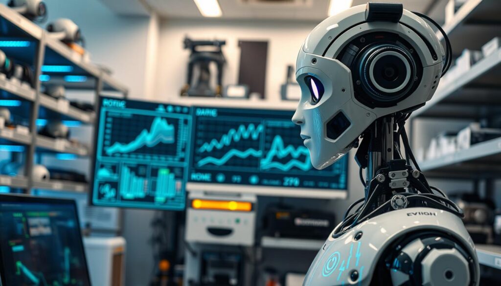 A futuristic laboratory setting focused on robotics and machine learning. In the foreground, a sleek humanoid robot equipped with various sensors and cameras, meticulously analyzing data from its surroundings. The middle layer features a sophisticated computer interface displaying graphs and algorithms, with glowing lines of connectivity representing data flow. In the background, shelves filled with robotic parts and mechanical components, illuminated by soft blue and green LED lighting, creating a high-tech atmosphere. The shot is slightly angled to give depth, resembling a professional photography style with crisp details and vibrant colors. The mood is one of innovation and discovery, emphasizing the relationship between sensors, data, and intelligent learning in robotics. A futuristic laboratory setting focused on robotics and machine learning. In the foreground, a sleek humanoid robot equipped with various sensors and cameras, meticulously analyzing data from its surroundings. The middle layer features a sophisticated computer interface displaying graphs and algorithms, with glowing lines of connectivity representing data flow. In the background, shelves filled with robotic parts and mechanical components, illuminated by soft blue and green LED lighting, creating a high-tech atmosphere. The shot is slightly angled to give depth, resembling a professional photography style with crisp details and vibrant colors. The mood is one of innovation and discovery, emphasizing the relationship between sensors, data, and intelligent learning in robotics.