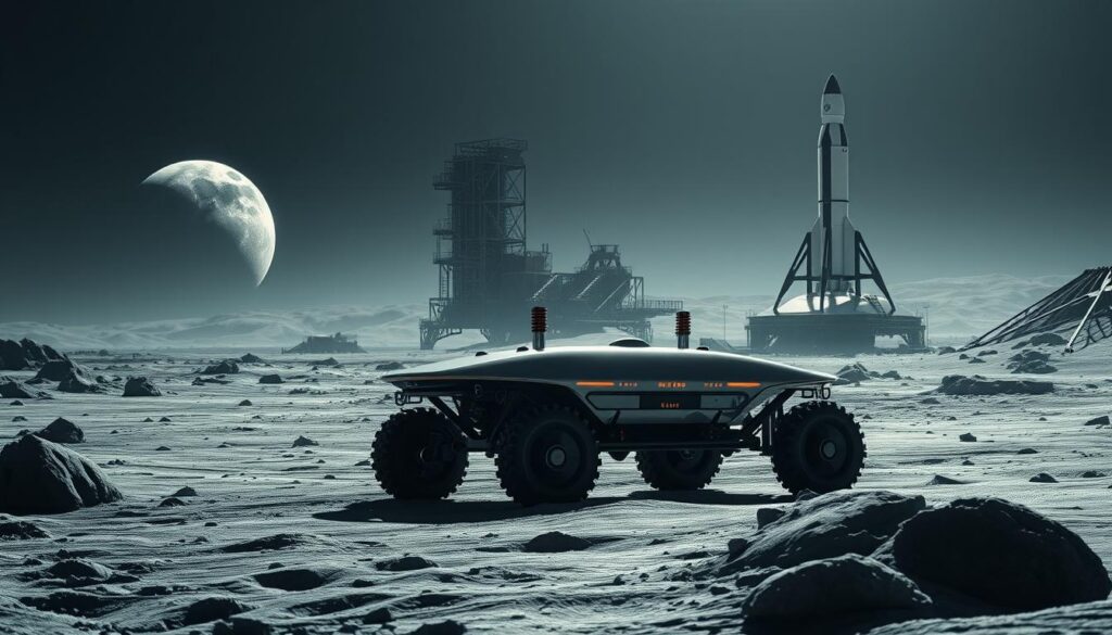 A futuristic lunar landscape showcasing innovative propulsion systems for space transportation. In the foreground, a sleek, advanced lunar rover equipped with unique propulsion technology gathers data, its metallic surface reflecting soft lunar light. The middle ground features a modular launch pad with various spacecraft, including an advanced rocket with innovative thrusters designed for lunar operations. In the background, the Earth looms majestically above the horizon, providing a breathtaking view of blue oceans and white clouds. The scene is illuminated by a dim, ethereal glow, simulating lunar daylight, and shadowed areas highlight the rugged terrain. A sense of exploration and technological achievement fills the atmosphere, captured from a low angle to emphasize the grandeur of the spacecraft and the vastness of the lunar surface.