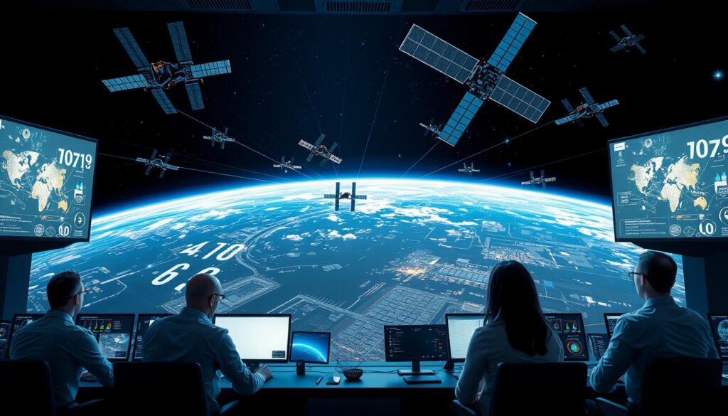 A futuristic scene showcasing a satellite network in space, with several satellites orbiting Earth, interconnected through glowing data streams symbolizing the Internet of Things. In the foreground, a high-tech control room filled with professionals in smart casual attire, monitoring real-time data displayed on large screens. The middle ground features the Earth, beautifully illuminated by natural sunlight, highlighting urban areas with visible smart devices and IoT connections. In the background, stars twinkle in the deep blackness of space, adding depth to the scene. Soft, ambient lighting creates a sense of innovation and progress, while a slight lens flare enhances the futuristic atmosphere. The overall mood is one of optimism and connectivity, reflecting how satellites are transforming life on Earth. A futuristic scene showcasing a satellite network in space, with several satellites orbiting Earth, interconnected through glowing data streams symbolizing the Internet of Things. In the foreground, a high-tech control room filled with professionals in smart casual attire, monitoring real-time data displayed on large screens. The middle ground features the Earth, beautifully illuminated by natural sunlight, highlighting urban areas with visible smart devices and IoT connections. In the background, stars twinkle in the deep blackness of space, adding depth to the scene. Soft, ambient lighting creates a sense of innovation and progress, while a slight lens flare enhances the futuristic atmosphere. The overall mood is one of optimism and connectivity, reflecting how satellites are transforming life on Earth.