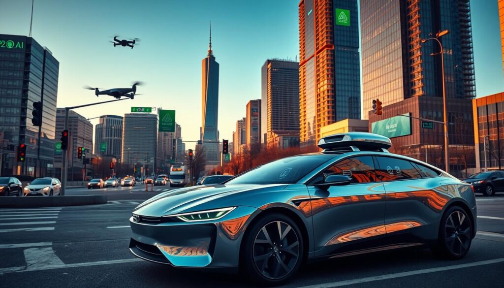 A futuristic scene showcasing the integration of artificial intelligence in connected vehicles. In the foreground, a sleek self-driving car with a polished chrome finish is parked, displaying interactive AI interfaces on its dashboard. The middle ground features a cityscape with smart traffic lights and drones monitoring traffic flow. In the background, skyscrapers adorned with digital displays and green technology are bathed in warm, golden hour lighting, creating an inviting atmosphere. The scene captures a harmonious blend of technology and urban life, emphasizing innovation in transportation. Use a wide-angle view to encompass the bustling environment, with a slight tilt to evoke dynamism and forward motion. The mood is optimistic and visionary, highlighting the potential of AI in revolutionizing the automotive industry.
