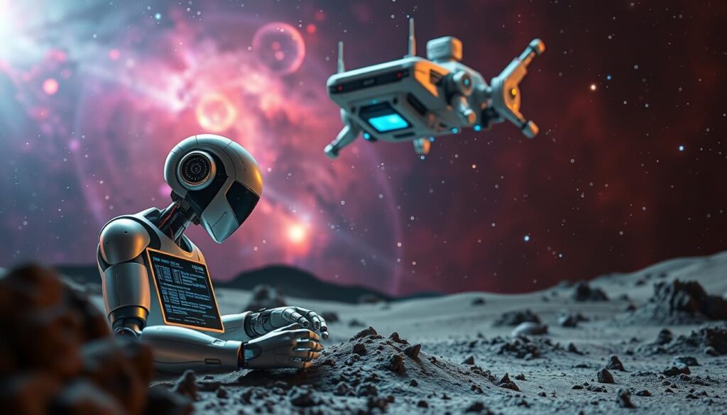 A futuristic space exploration scene illustrating the role of artificial intelligence in discovering extraterrestrial life. In the foreground, a humanoid robot with a sleek, silver design is analyzing soil samples on an alien planet, its screen displaying complex data patterns. In the middle ground, a spacecraft equipped with advanced technology hovers above, with robotic arms extending toward the surface. The background features a colorful nebula and distant stars, providing an awe-inspiring cosmic landscape. Soft, ethereal lighting accentuates the scene, creating a sense of wonder and discovery. The angle is slightly low to emphasize the grandeur of the robot and spacecraft against the vastness of space, capturing the mood of exploration and innovation. A futuristic space exploration scene illustrating the role of artificial intelligence in discovering extraterrestrial life. In the foreground, a humanoid robot with a sleek, silver design is analyzing soil samples on an alien planet, its screen displaying complex data patterns. In the middle ground, a spacecraft equipped with advanced technology hovers above, with robotic arms extending toward the surface. The background features a colorful nebula and distant stars, providing an awe-inspiring cosmic landscape. Soft, ethereal lighting accentuates the scene, creating a sense of wonder and discovery. The angle is slightly low to emphasize the grandeur of the robot and spacecraft against the vastness of space, capturing the mood of exploration and innovation.