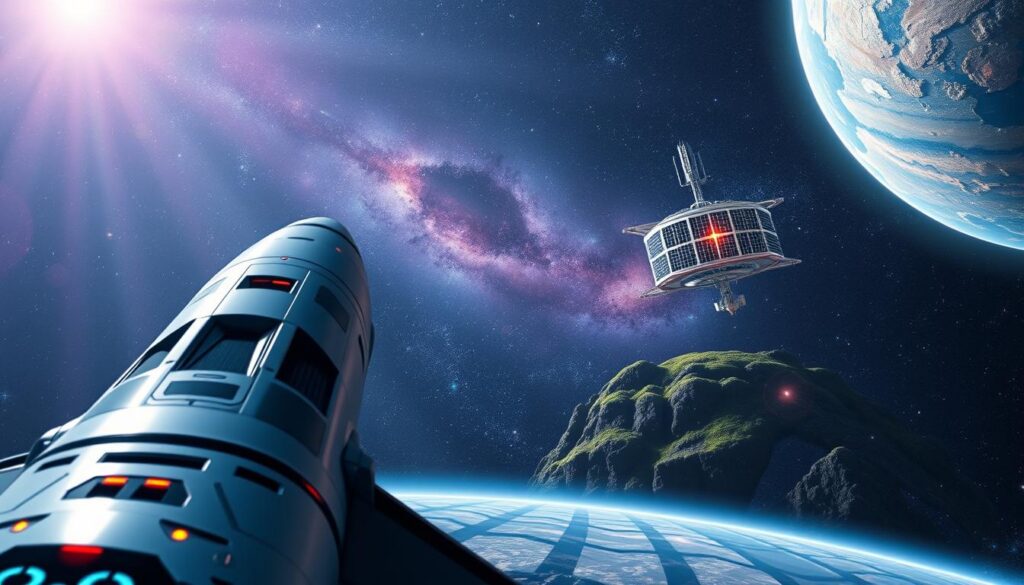 A futuristic space landscape showcasing advanced technologies in space exploration. In the foreground, a sleek spacecraft is poised for launch, with intricate details of its design highlighted by radiant lighting. In the middle ground, a vibrant, high-tech space station orbits above a lush, alien world, exhibiting solar panels and antennae reflecting sunlight. The background reveals a star-studded galaxy with swirling nebulae, conveying the vastness of space. The atmosphere is awe-inspiring and energetic, with a color palette of deep blues, purples, and soft glows of metallic accents. A dynamic angle from below the spacecraft gives a sense of upward movement and ambition, capturing the essence of innovation in space technology.