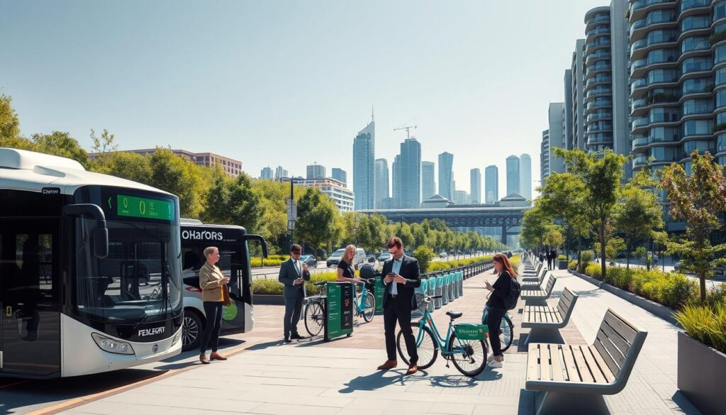 A futuristic urban environment showcasing sustainable transportation solutions. In the foreground, a sleek electric bus with solar panels on its roof is parked beside a bike-sharing station, with people in professional attire engaging with smart devices. The middle ground features a network of green, pedestrian-friendly walkways, lined with trees and smart benches that provide charging for devices. In the background, a skyline of eco-friendly buildings with green roofs and vertical gardens contrasts against a bright, clear sky. Natural sunlight bathes the scene, creating a warm and inviting atmosphere. The angle is slightly elevated, capturing the harmony between technology and nature, emphasizing innovation and sustainability in urban mobility. A futuristic urban environment showcasing sustainable transportation solutions. In the foreground, a sleek electric bus with solar panels on its roof is parked beside a bike-sharing station, with people in professional attire engaging with smart devices. The middle ground features a network of green, pedestrian-friendly walkways, lined with trees and smart benches that provide charging for devices. In the background, a skyline of eco-friendly buildings with green roofs and vertical gardens contrasts against a bright, clear sky. Natural sunlight bathes the scene, creating a warm and inviting atmosphere. The angle is slightly elevated, capturing the harmony between technology and nature, emphasizing innovation and sustainability in urban mobility.