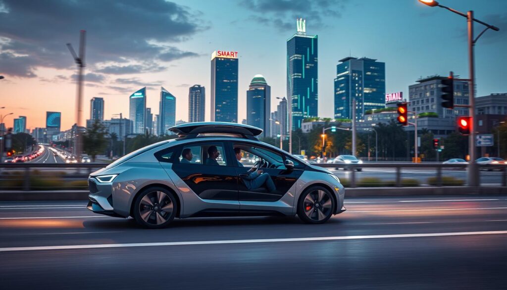 A futuristic urban landscape showcasing autonomous driving technology. In the foreground, a sleek self-driving car glides along a modern road, featuring advanced sensors and a smooth, aerodynamic design. Passengers inside are dressed in professional business attire, appearing relaxed and engaged with digital displays. In the middle ground, intelligent traffic systems are visible, with smart traffic lights and road signs communicating with the vehicle. The background features a vibrant city skyline with smart buildings that have integrated green spaces. The scene is illuminated by dynamic, neon lighting, creating a high-tech atmosphere during twilight. A slightly elevated angle captures the harmonious blend of mobility technology and urban life, emphasizing safety and connectivity in modern transportation.
