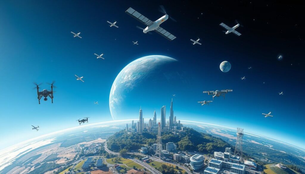 A futuristic vision of Earth influenced by space technology, showcasing advanced satellite networks and space debris monitoring systems in the foreground. In the middle, depict thriving green cities utilizing solar panels and drones for transportation, illustrating sustainable solutions. The background features a clear blue sky with visible satellites orbiting the planet. Utilize bright, dynamic lighting to emphasize a hopeful atmosphere, capturing the interplay between nature and technology. The perspective should be from a low angle, highlighting the scale of urban areas in contrast to the vastness of space above. The overall mood is one of optimism and innovation, presenting a harmonious relationship between space exploration and life on Earth. A futuristic vision of Earth influenced by space technology, showcasing advanced satellite networks and space debris monitoring systems in the foreground. In the middle, depict thriving green cities utilizing solar panels and drones for transportation, illustrating sustainable solutions. The background features a clear blue sky with visible satellites orbiting the planet. Utilize bright, dynamic lighting to emphasize a hopeful atmosphere, capturing the interplay between nature and technology. The perspective should be from a low angle, highlighting the scale of urban areas in contrast to the vastness of space above. The overall mood is one of optimism and innovation, presenting a harmonious relationship between space exploration and life on Earth.