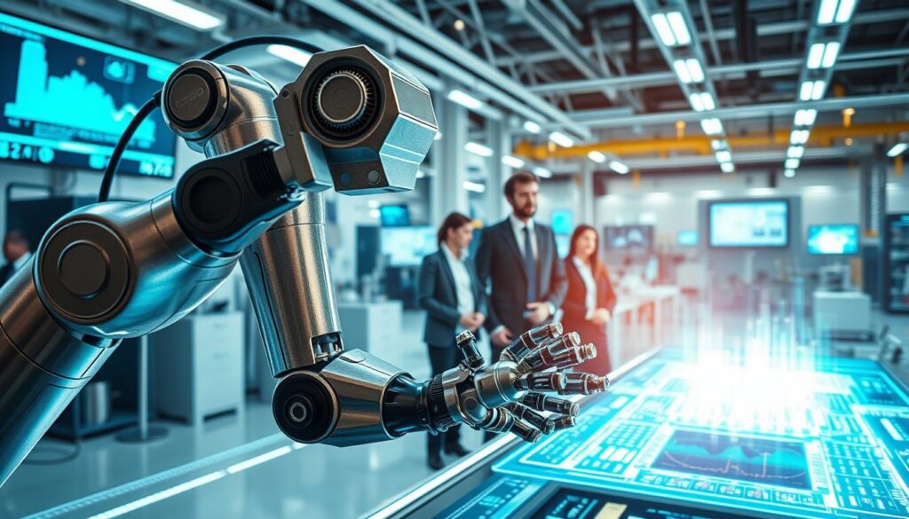A futuristic workspace featuring an advanced robotic arm collaborating with a sleek AI interface, both operating harmoniously on a complex automation task. In the foreground, the robotic arm is intricately designed, showcasing metallic textures and dynamic movement. The AI interface, glowing with vibrant holographic displays, illustrates real-time data processing and analytics. In the middle ground, engineers in professional business attire observe and interact with the technology, embodying a spirit of innovation and teamwork. The background reveals a high-tech laboratory filled with various automation tools and digital screens, illuminated by soft, ambient lighting that creates a visionary atmosphere. A wide-angle perspective enhances the scale of the environment, emphasizing the integration of robotics and AI in shaping the future of automation.