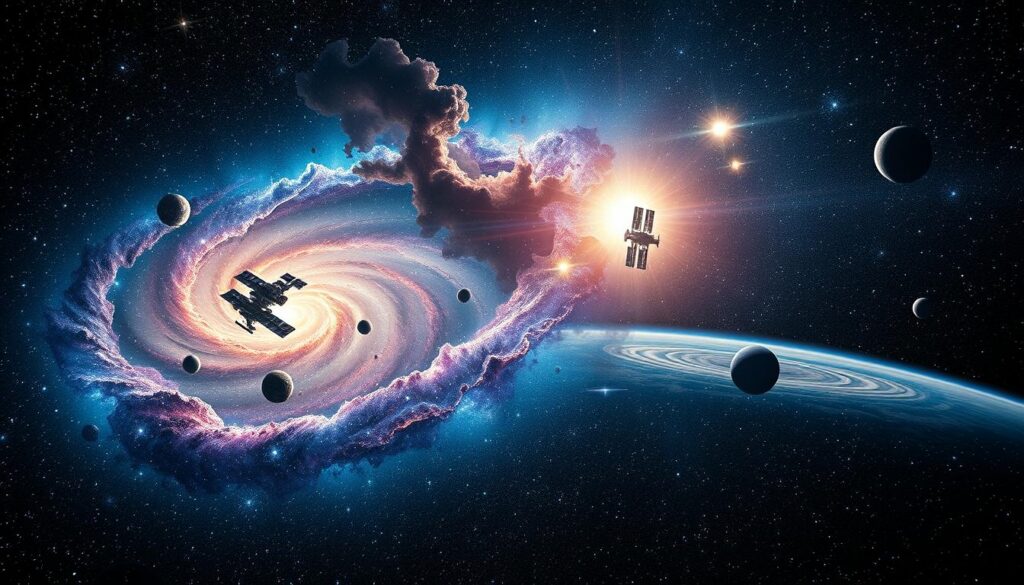 A mesmerizing cosmic scene showcasing fascinating curiosities about space. In the foreground, a vibrant star-filled galaxy spirals, with colorful nebulae in shades of blue, pink, and purple swirling among bright stars. The middle ground features a stunning view of various celestial objects like asteroids, a space station, and distant planets, all beautifully illuminated by the soft glow of a nearby sun. In the background, a dark expanse of space contrasts with the bright cosmic phenomena, creating depth. The lighting is dramatic, focusing on the luminous elements while casting gentle shadows. Capture the vastness and mystery of the universe, evoking wonder and curiosity. Use a wide-angle lens to enhance the grandeur and depth of this spectacular cosmic view, promoting an atmosphere of awe and discovery. A mesmerizing cosmic scene showcasing fascinating curiosities about space. In the foreground, a vibrant star-filled galaxy spirals, with colorful nebulae in shades of blue, pink, and purple swirling among bright stars. The middle ground features a stunning view of various celestial objects like asteroids, a space station, and distant planets, all beautifully illuminated by the soft glow of a nearby sun. In the background, a dark expanse of space contrasts with the bright cosmic phenomena, creating depth. The lighting is dramatic, focusing on the luminous elements while casting gentle shadows. Capture the vastness and mystery of the universe, evoking wonder and curiosity. Use a wide-angle lens to enhance the grandeur and depth of this spectacular cosmic view, promoting an atmosphere of awe and discovery.