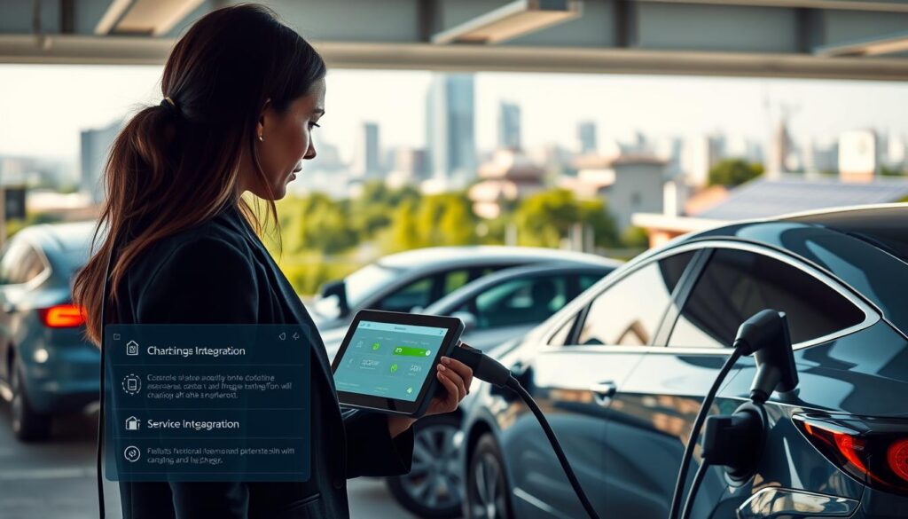 A modern electric vehicle charging station integrated into a bustling urban environment. In the foreground, a professional young woman in business attire is interacting with a sleek digital interface showing charging options and service integration details. In the middle ground, several electric cars are parked, each connected to charging stations with glowing cables. The background features a cityscape with green spaces and solar panels on rooftops, symbolizing sustainability. The scene is illuminated by soft, ambient lighting, with dynamic reflections on the cars’ surfaces. A bright yet serene atmosphere conveys the efficiency and user-friendly experience of electric vehicle charging services. The angle captures the interaction between technology and the environment, emphasizing integration and user experience without any text or distractions.