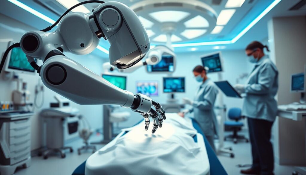 A modern healthcare setting showcasing the transformative applications of robotics in medicine. In the foreground, a sleek robotic surgical system performs a minimally invasive procedure under the guidance of focused medical professionals in professional attire. The middle ground features nurses assisting with robotic equipment, and high-tech monitors displaying patient data. The background includes a bright, sterile operating room with advanced medical machinery and soft blue lighting, creating a calm but high-tech atmosphere. The scene captures the collaborative effort between humans and robots, emphasizing efficiency and precision in healthcare. The perspective is slightly lower than eye level, highlighting the robotic arms in action, exuding a sense of innovation and hope for the future of medicine.