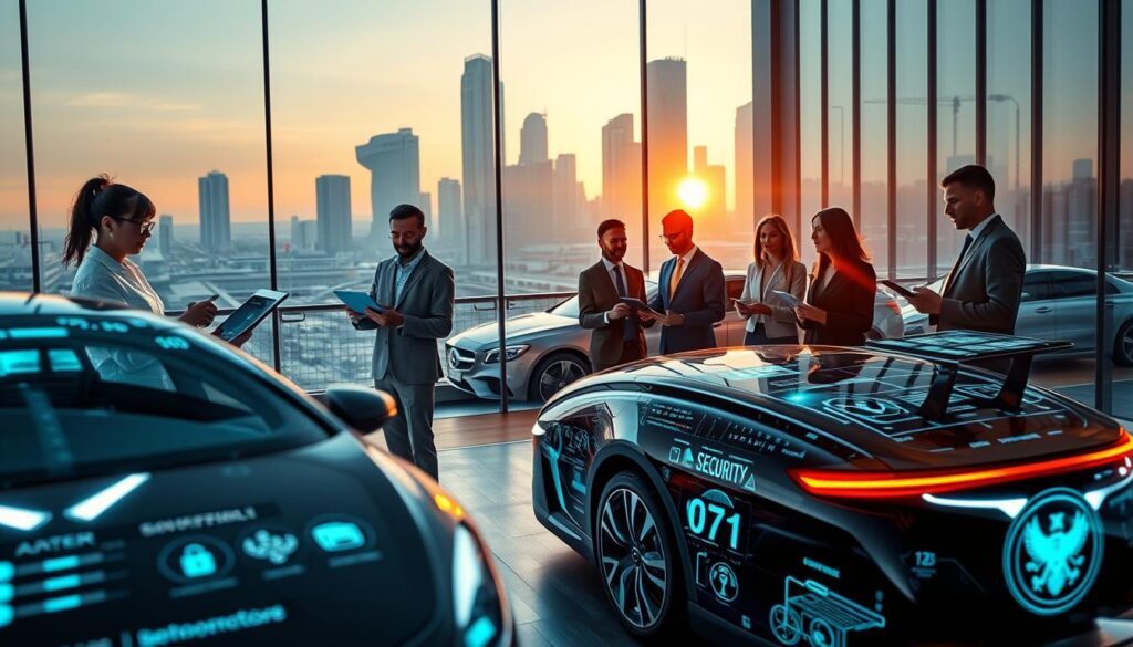 A modern, sleek corporate environment showcasing mobility and security in the age of connected vehicles. In the foreground, a diverse group of professionals in business attire engages with high-tech tablets and holographic displays, analyzing real-time data from connected cars. The middle ground features futuristic cars seamlessly integrated with digital interfaces, displaying security features and connectivity options. The background reveals a city skyline with smart infrastructure, like connected traffic lights and drones. The lighting is bright and dynamic, with a slight lens flare from the sun setting behind the buildings, creating a hopeful and innovative atmosphere. The focus is on collaboration and technology driving the future of mobility.