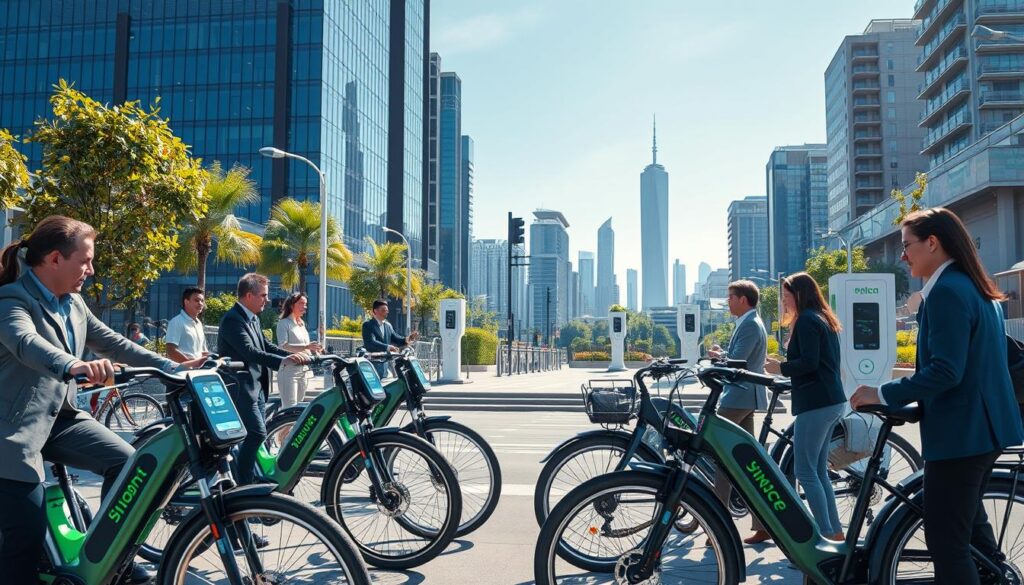 A modern urban landscape featuring a vibrant scene of electric bicycles seamlessly integrated with smart connected systems. In the foreground, a diverse group of people in professional attire are interacting with sleek electric bikes equipped with digital displays and charging stations. In the middle ground, high-tech infrastructure like smart streetlights and bike-sharing kiosks enhance the mobility experience. The background showcases a futuristic city skyline with solar panels and green spaces, under a clear blue sky. Lighting is bright and inviting, evoking a sense of innovation and sustainability. The overall mood is energetic and forward-thinking, highlighting the transformation of urban mobility through technology. A modern urban landscape featuring a vibrant scene of electric bicycles seamlessly integrated with smart connected systems. In the foreground, a diverse group of people in professional attire are interacting with sleek electric bikes equipped with digital displays and charging stations. In the middle ground, high-tech infrastructure like smart streetlights and bike-sharing kiosks enhance the mobility experience. The background showcases a futuristic city skyline with solar panels and green spaces, under a clear blue sky. Lighting is bright and inviting, evoking a sense of innovation and sustainability. The overall mood is energetic and forward-thinking, highlighting the transformation of urban mobility through technology.