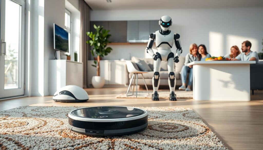 A modern, well-lit living room showcasing various home robots performing specific household tasks. In the foreground, a sleek robotic vacuum cleaner glides across a richly textured rug, picking up dust. To the side, a multi-functional robot arm is skillfully preparing a meal on a bright kitchen counter, with fresh vegetables arranged neatly. In the background, a friendly humanoid robot is interacting with a family sitting on a couch, exuding warmth and engagement. Soft, natural light filters through large windows, casting gentle shadows, creating a cozy and inviting atmosphere. The scene captures the functionality and efficiency of domestic robots in everyday life, emphasizing innovation and ease of living.