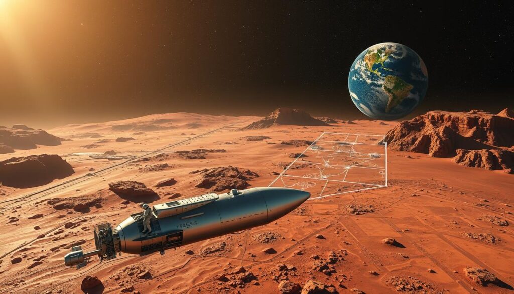 A stunning aerial view of a Mars landscape, with striking red and rocky terrain, dotted with craters and canyons. In the foreground, a futuristic spacecraft is landing on the surface, its sleek silver structure gleaming under a soft, golden light from a distant sun. Scientists and explorers, dressed in professional space suits, are working on geographical mapping equipment, engaged in their exploration efforts. In the middle ground, a large digital map displays geographical data about Mars, while holographic projections illustrate potential habitats for future human colonization. The background features the vastness of space with twinkling stars and the Earth visible as a distant blue sphere. The mood is one of excitement and discovery, illuminated by a bright, clear atmosphere that emphasizes the importance of space in geography and exploration. A stunning aerial view of a Mars landscape, with striking red and rocky terrain, dotted with craters and canyons. In the foreground, a futuristic spacecraft is landing on the surface, its sleek silver structure gleaming under a soft, golden light from a distant sun. Scientists and explorers, dressed in professional space suits, are working on geographical mapping equipment, engaged in their exploration efforts. In the middle ground, a large digital map displays geographical data about Mars, while holographic projections illustrate potential habitats for future human colonization. The background features the vastness of space with twinkling stars and the Earth visible as a distant blue sphere. The mood is one of excitement and discovery, illuminated by a bright, clear atmosphere that emphasizes the importance of space in geography and exploration.
