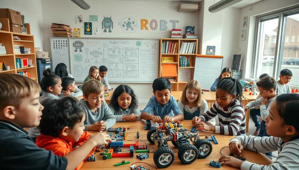 A vibrant classroom filled with students of diverse backgrounds working collaboratively on various robotics projects. In the foreground, a group of students excitedly assemble a small robot using colorful building blocks and electronic components, displaying a hands-on approach to learning. The middle of the scene shows a large interactive whiteboard covered with diagrams of robots and coding concepts, emphasizing the educational aspect. In the background, shelves are stocked with educational resources like books on robotics, tools, and completed projects, creating an inspiring learning environment. Soft natural light streams in through large windows, creating a warm and inviting atmosphere, while the angle captures an overhead view of the classroom, highlighting both teamwork and innovation in robotics education. The overall mood is energetic and focused, reflecting the excitement of learning in robotics. A vibrant classroom filled with students of diverse backgrounds working collaboratively on various robotics projects. In the foreground, a group of students excitedly assemble a small robot using colorful building blocks and electronic components, displaying a hands-on approach to learning. The middle of the scene shows a large interactive whiteboard covered with diagrams of robots and coding concepts, emphasizing the educational aspect. In the background, shelves are stocked with educational resources like books on robotics, tools, and completed projects, creating an inspiring learning environment. Soft natural light streams in through large windows, creating a warm and inviting atmosphere, while the angle captures an overhead view of the classroom, highlighting both teamwork and innovation in robotics education. The overall mood is energetic and focused, reflecting the excitement of learning in robotics.